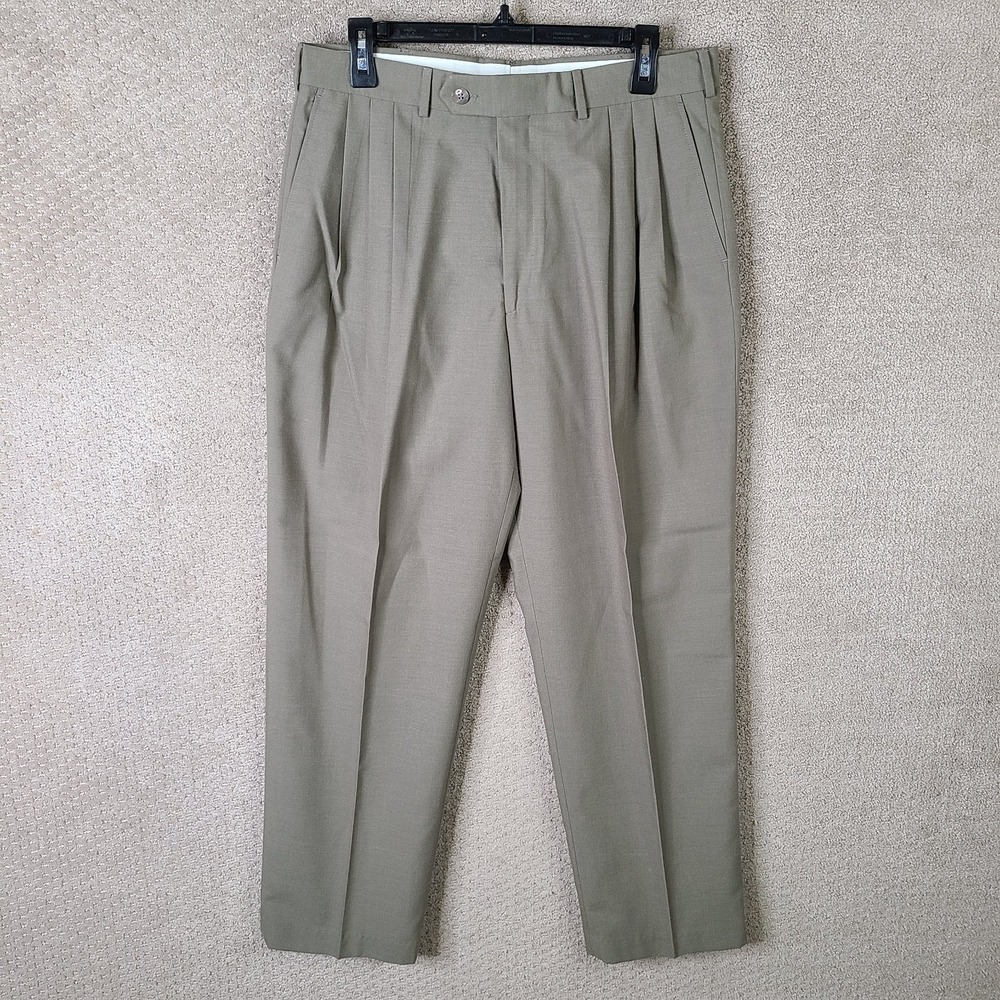 John Henry  Pants Mens 34x29‎ (32x29) Brown Wool Blend Pleated Trouser Taupe